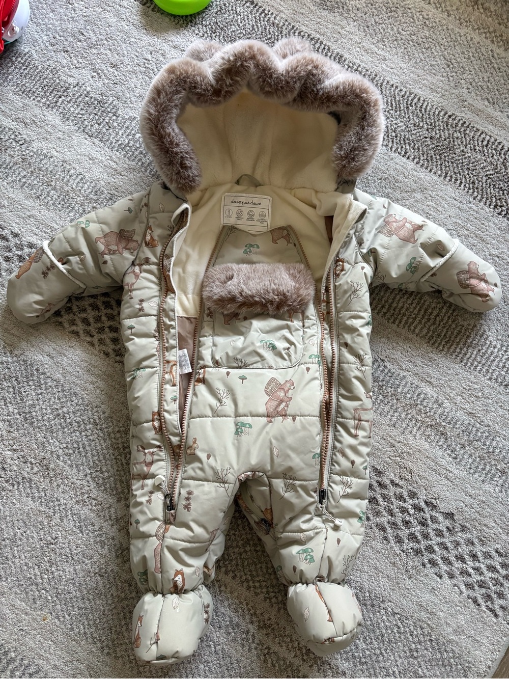deux par deux Cream Woodland-Print Puffer One-Piece with Faux-Fur Hood